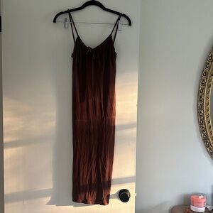 Brown Midi Slip Dress with Spaghetti Straps